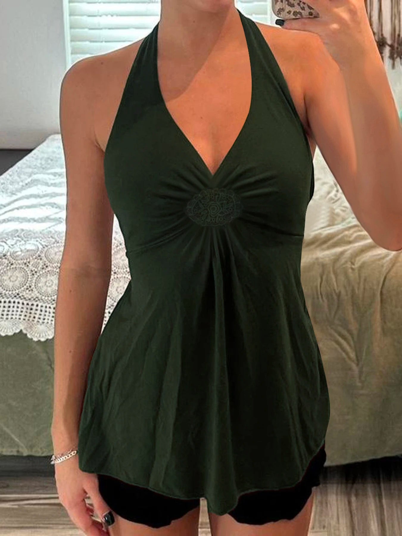 Fashion Solid Simple Embroidered Ruched Women Halter Tops Backless Sexy Hottie Summer Tanks