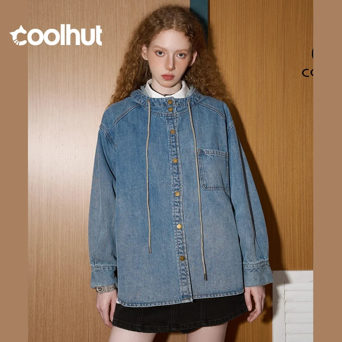COOLHUT Design 2025 Women's Spring Hooded Button Front Distressed Denim Jacket Oversized Washed Coat Drawstring Waist Mid-Length