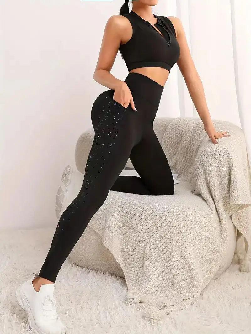 Star patterned sports yoga pants, stretch running and fitness tight pants with phone pocket, women's sportswear wide waistband