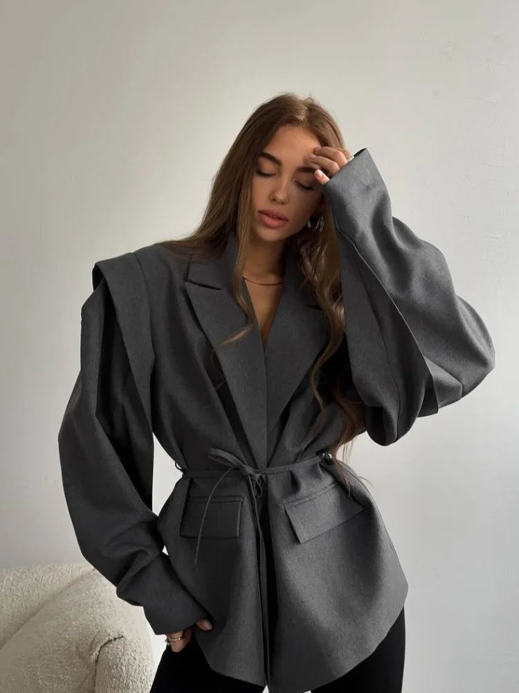 Solid Lace Up Lapel Jacket Women Fashion V Neck Long Sleeve Waist Cinching Autumn Short Coat 2025 New Office Lady Chic Outerwear