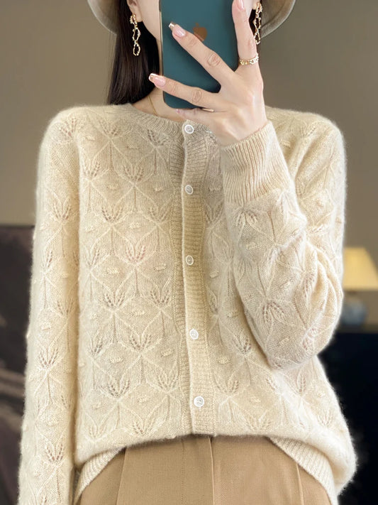 Chic Women's Hollow Button Cardigan O-Neck Sweater Autumn Winter 100% Merino Wool Knitwear Simple Style Casual Soft Clothes Tops