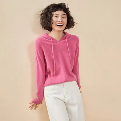 Autumn and winter new women's sweater 100% pure cashmere knitted hooded collar pullover soft solid color hot selling women's top