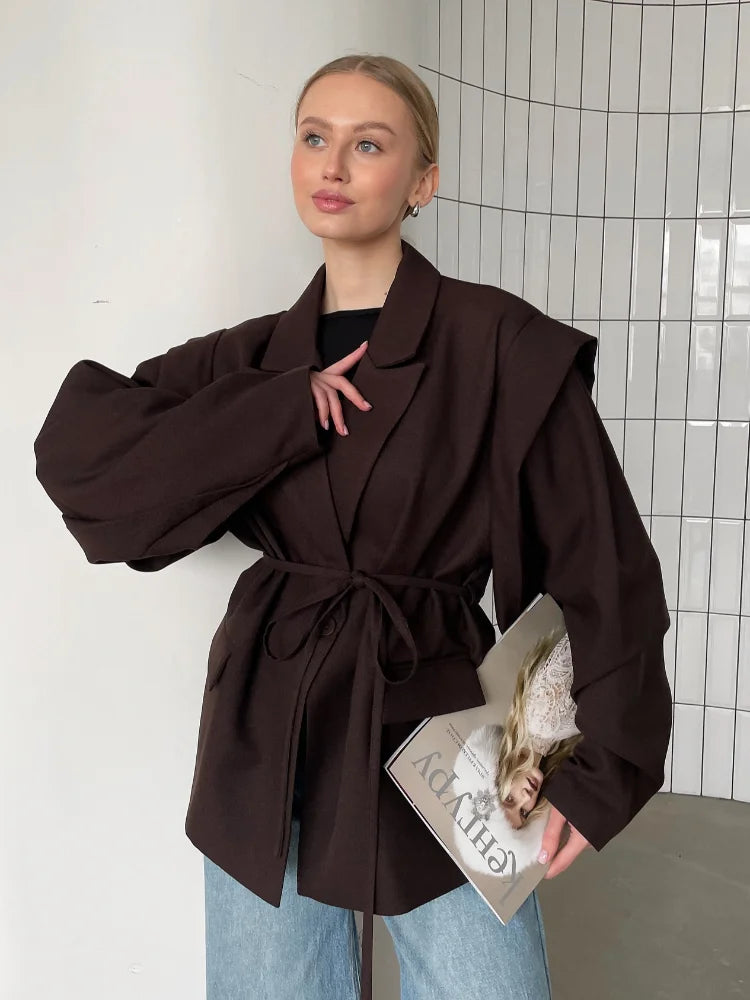 Solid Lace Up Lapel Jacket Women Fashion V Neck Long Sleeve Waist Cinching Autumn Short Coat 2025 New Office Lady Chic Outerwear