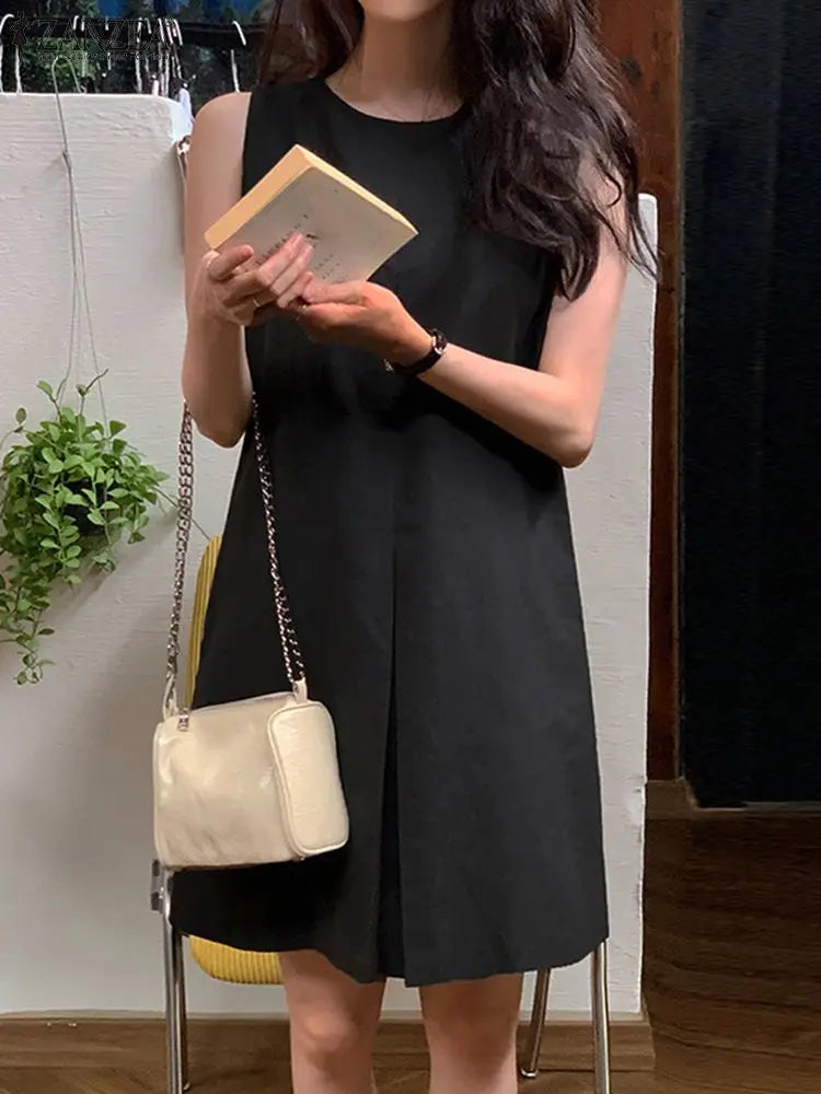 ZANZEA Women Tank Dresses Oversized 2024 Summer Sleeveless Knee Vestidos Casual Solid Loose O Neck Sundress Pockets Robes Femme