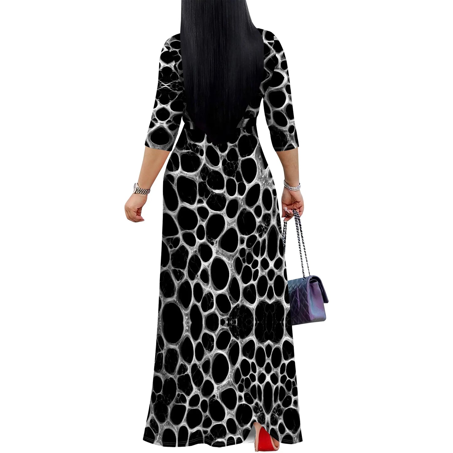 Black and White Abstract Print Wrap Maxi Dress S-3XL | Elegant V-Neck Dress for Parties, Dinners, and Casual Outings