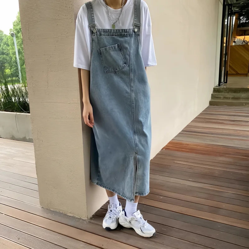Women Denim Overall Dress Irregular Chest Pocket Side Split Fashion Sleeveless Jeans Dress Spaghetti Strap Dresses Jumper Dress