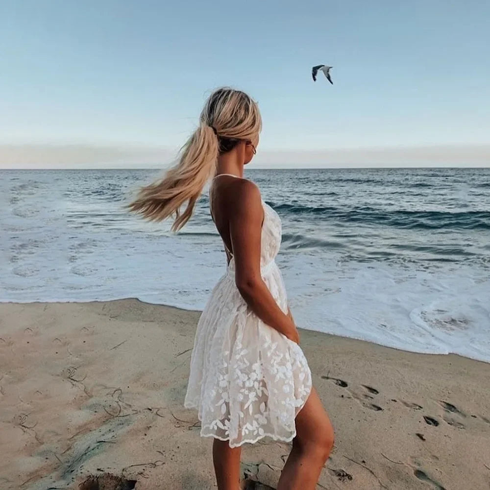 2023 Summer New Sexy Deep V-Neck Open-Back Tank Gown Dress Amazon Lace Beach Dress European And American Style