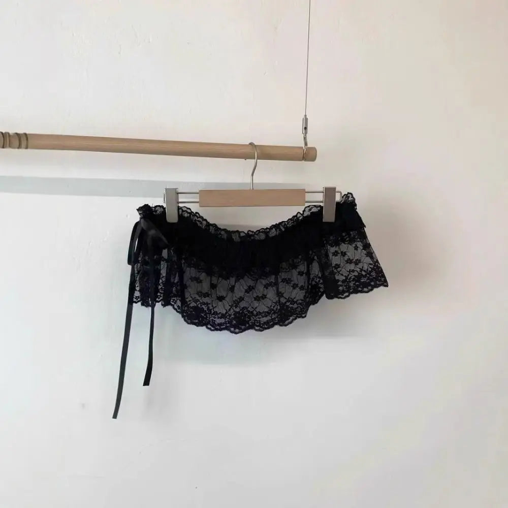 Polyester Embroidered Flower Lace Mini Skirt See Through Y2K Streetwear Ruched Skirts Harajuku Butt Curtain Jeans Decoration