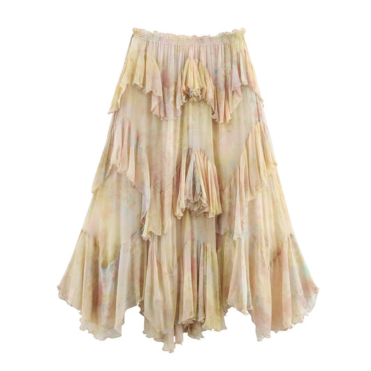 ZBZA Women's Fairy Print Ruffled Skirt Simple Solid Elastic Waist Pleated A-line Long Skirts Fashion Summer Versatile Skirts